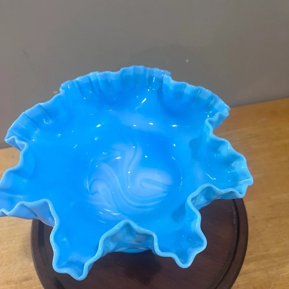 Vtg Fenton Blue Slag Hobnail Dbl Ruffled Pedestal Compote Bowl MCM Art Glass